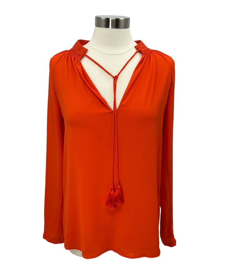 MICHAEL KORS Long Sleeve V-Neck Orange Tassel Top